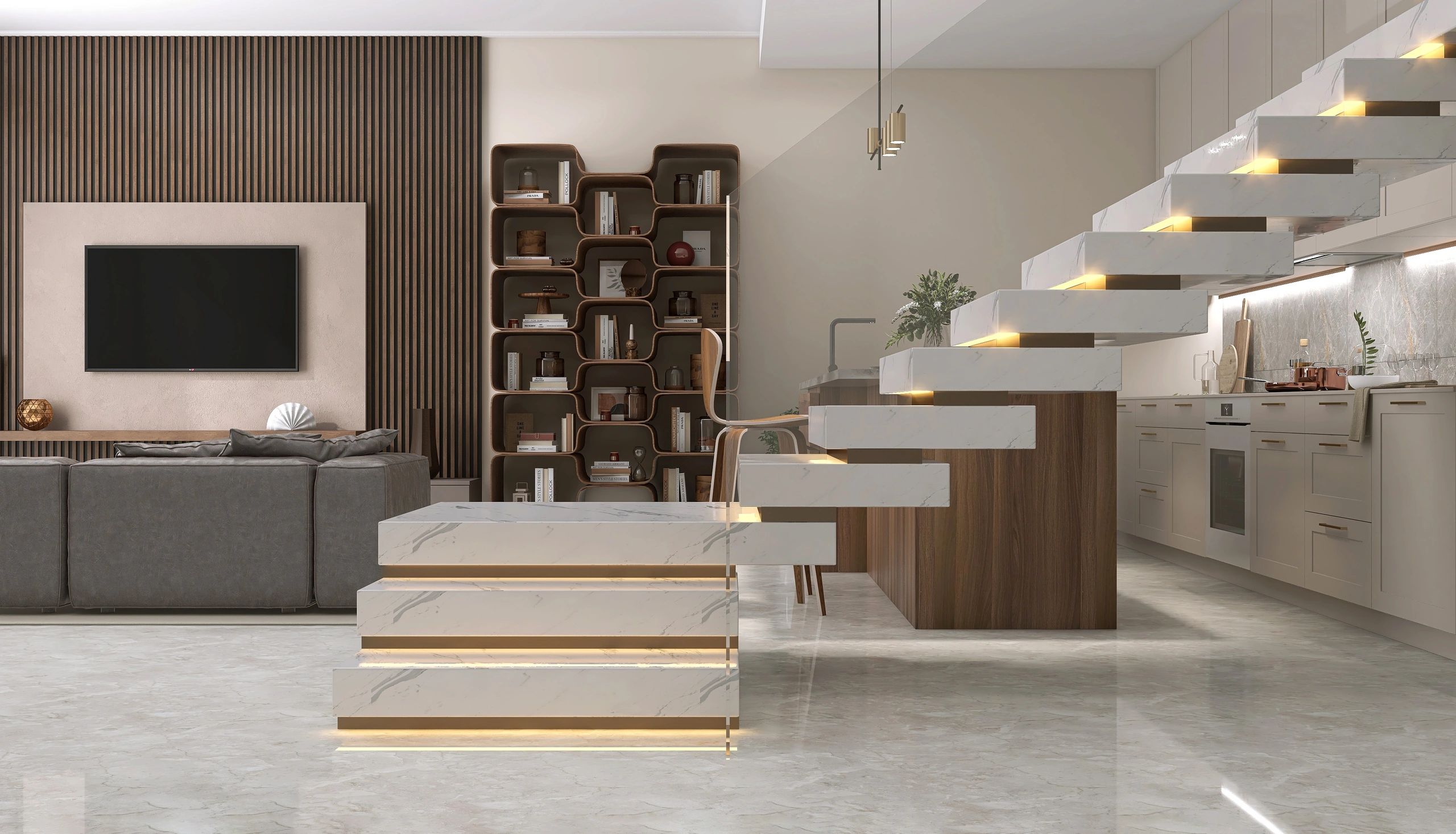 Stone-clad luxury interior suitable for granite wall and stair applications