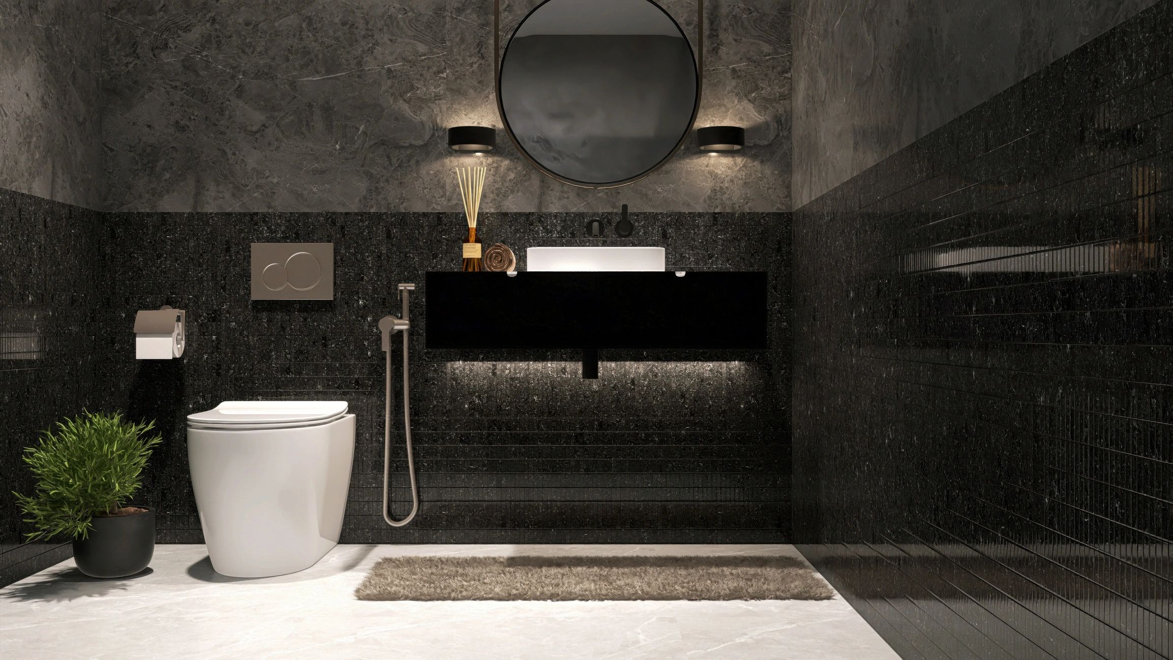 Modern bathroom interior with gray marble wall finish