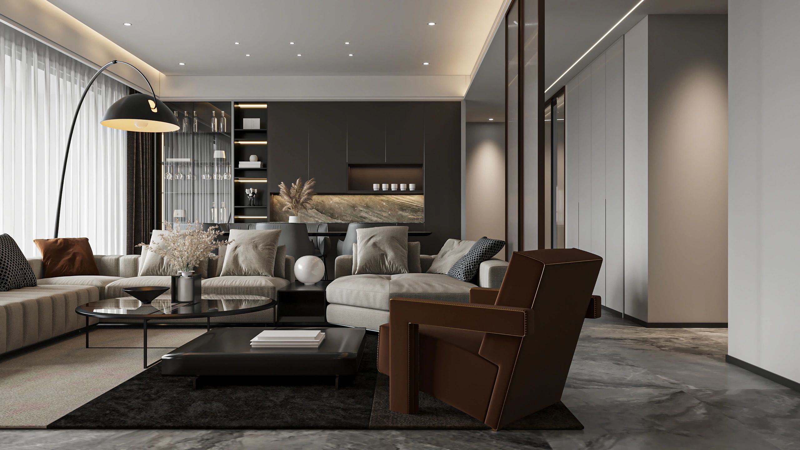 Modern residential interior featuring premium stone finishes